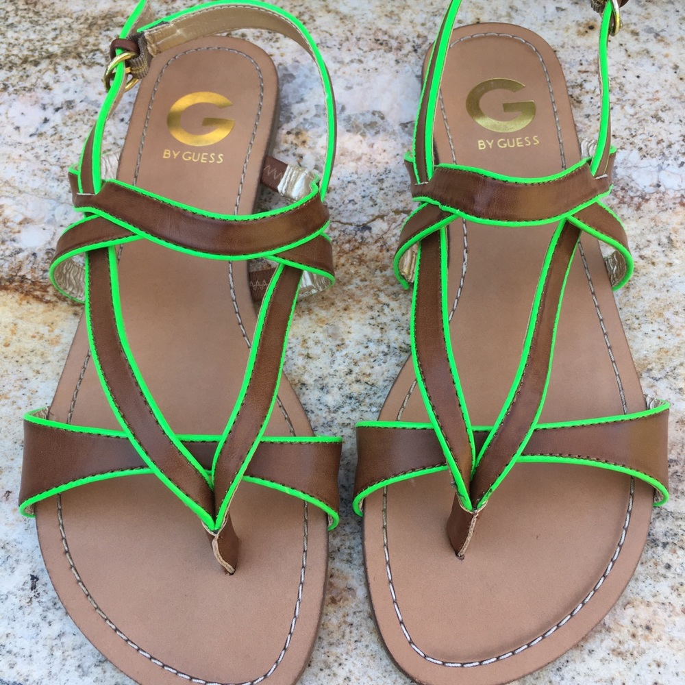 G By Guess Brown & Lime Green Cross Strap Sandals